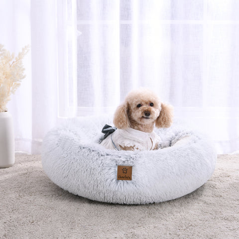 Dog Calming Bed Snookie Hooded Pet Nest Bed Faux Fur Artic White Chinchilla