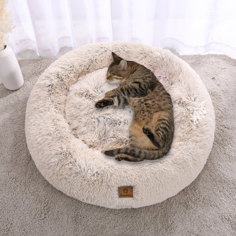 Cat Calming Bed Faux Fur Fluffy Calming Pet Bed Nest Cream Chinchilla