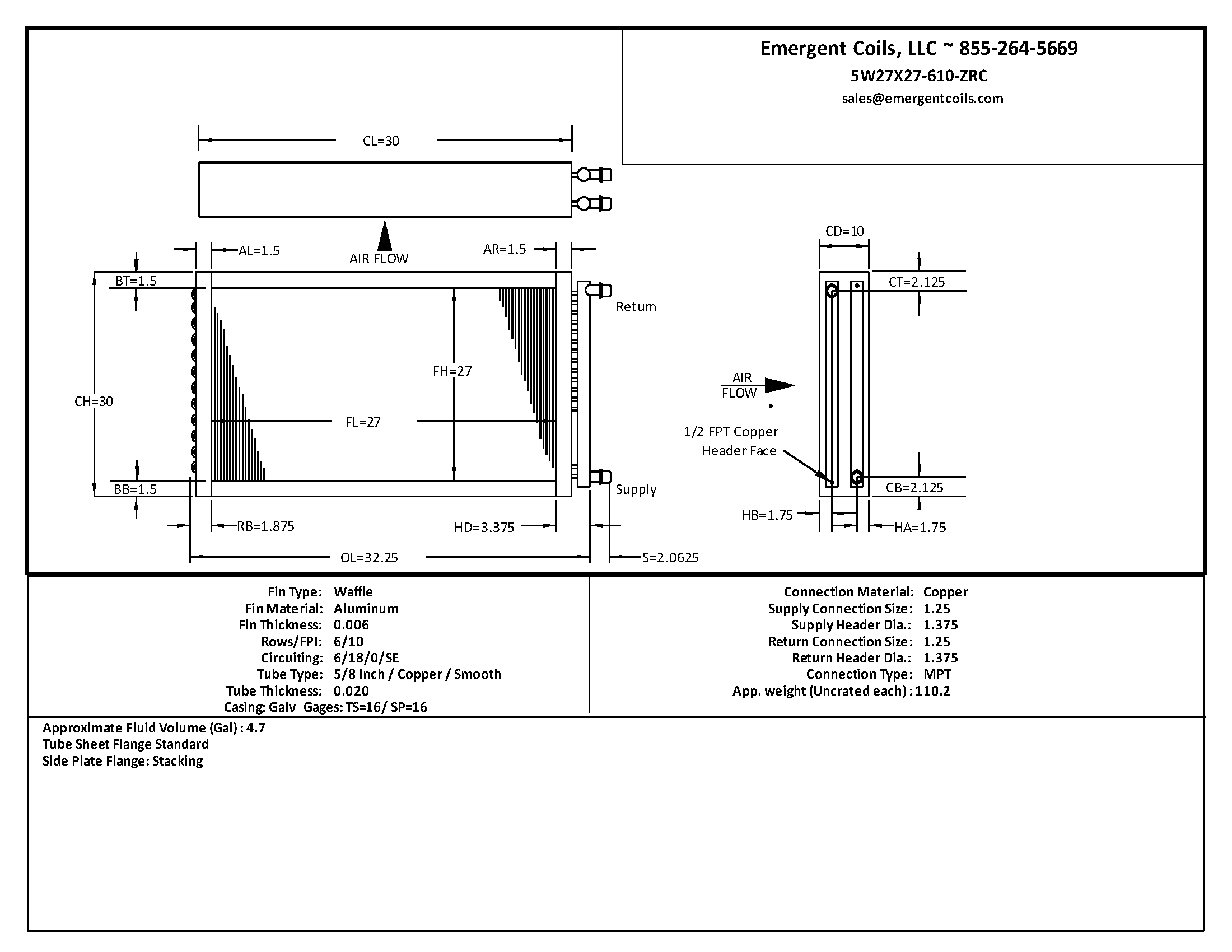 27x27 chilled water coil