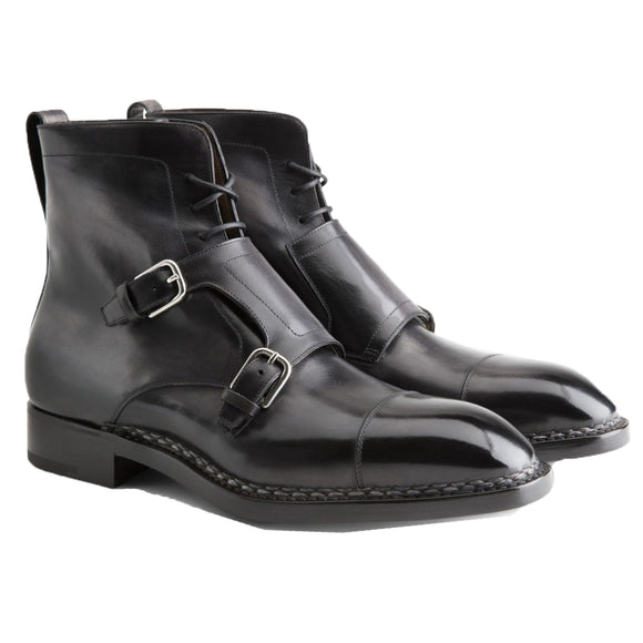 Norwegian Welted Mafra Black Leather Double Monk Strap Oxford Boot ...
