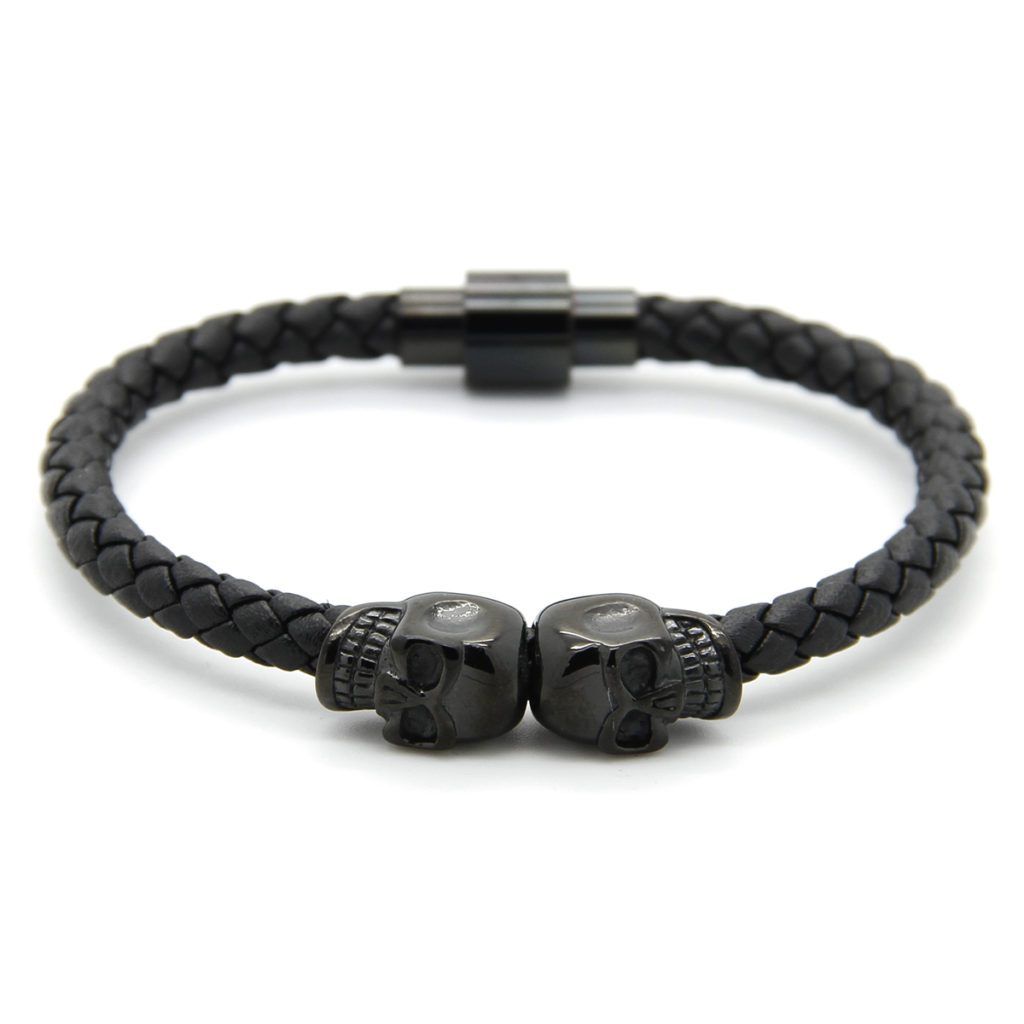 Steel Double Skull Leather Bracelet | Roano Collection