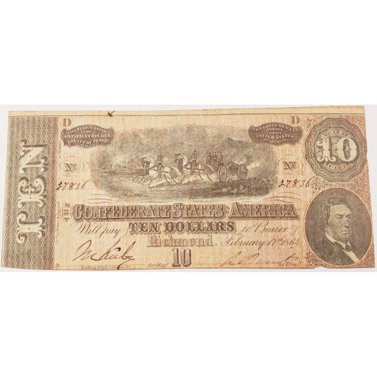 $10 Confederate Note in Extra Fine XF Condition T-68 Seventh Series