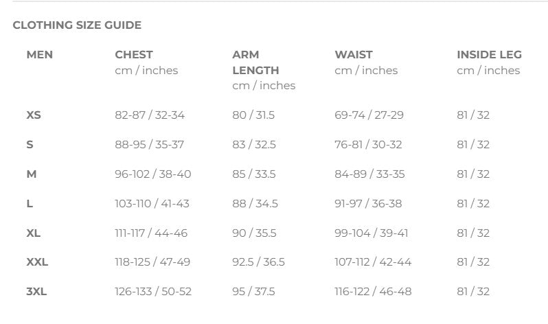 Highlander Sizing chart