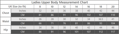 ladies keela upper body size chart