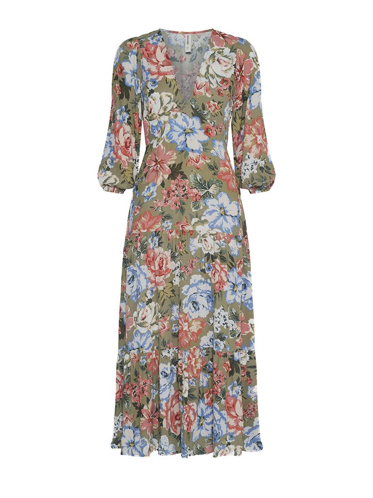 KIVARI - Darcia Tiered Midi Dress (Khaki Floral) – Elysian Collective