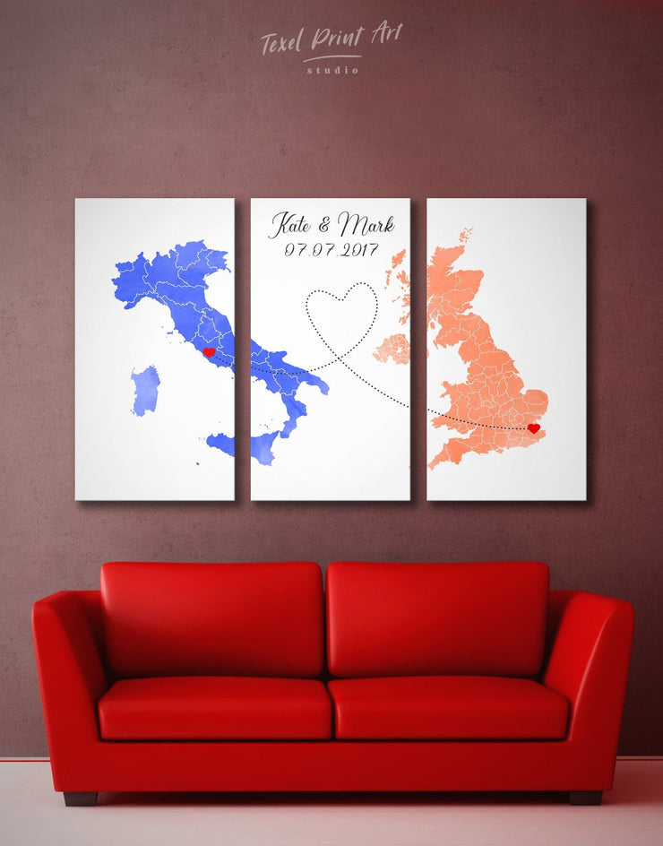 3 Panels Romantic Map For Couples Wall Art Canvas Print At