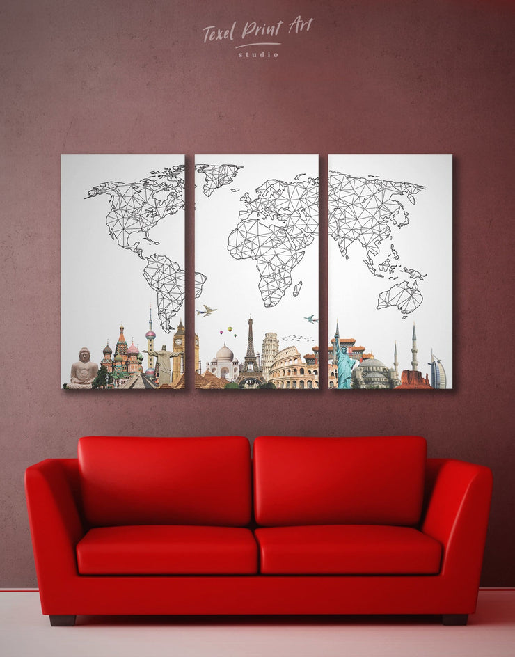 3 Pieces Abstract World Map With Landmarks Wall Art Canvas Print At