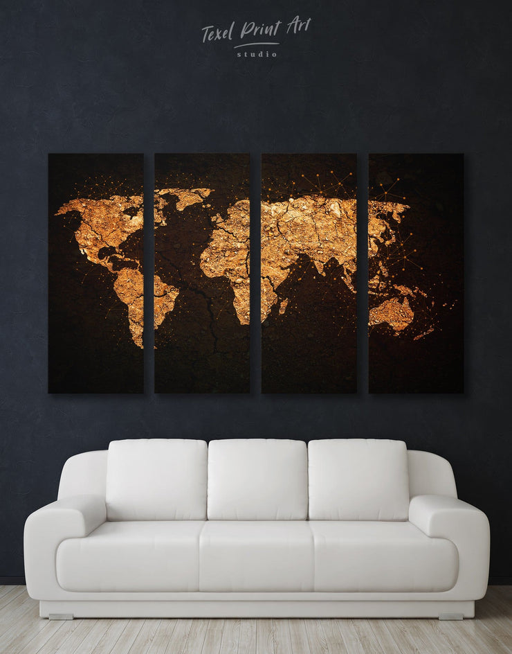 4 Panels Golden World Map Wall Art Canvas Print At Texelprintart