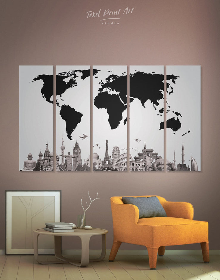 5 Panels Famous Places World Map Wall Art Canvas Print At