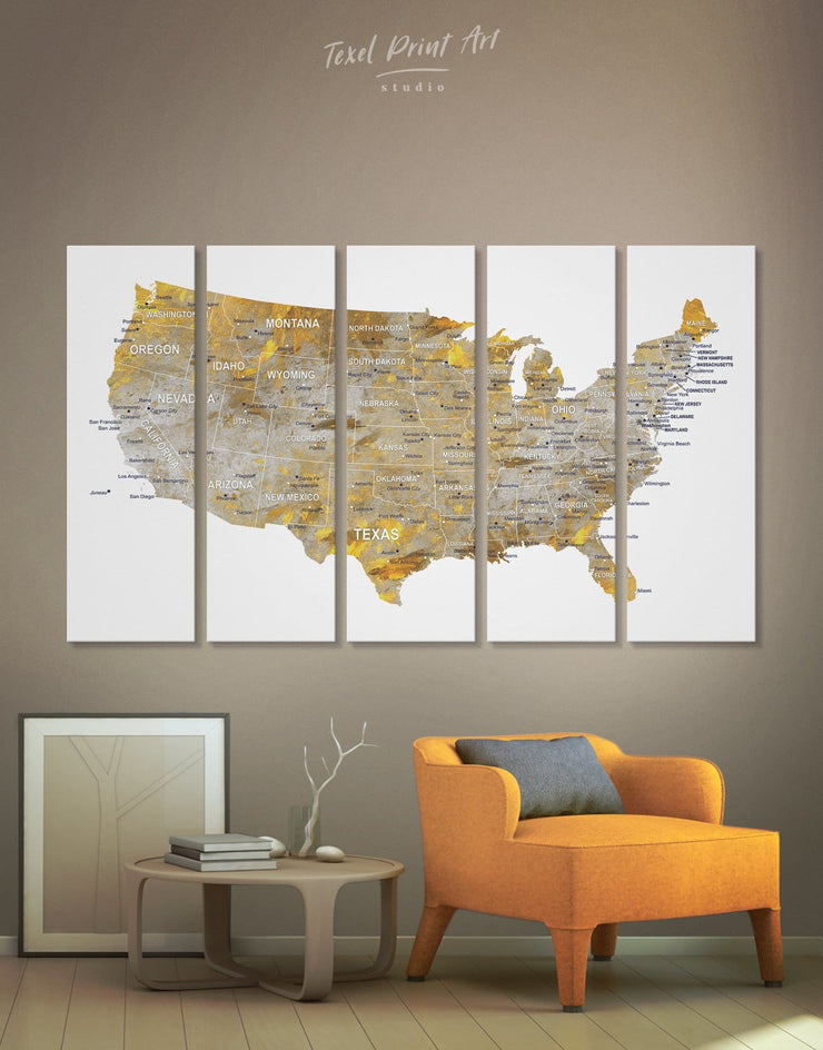 gilded world map wall art 5 Panels Golden Usa Map Wall Art Canvas Print At Texelprintart gilded world map wall art