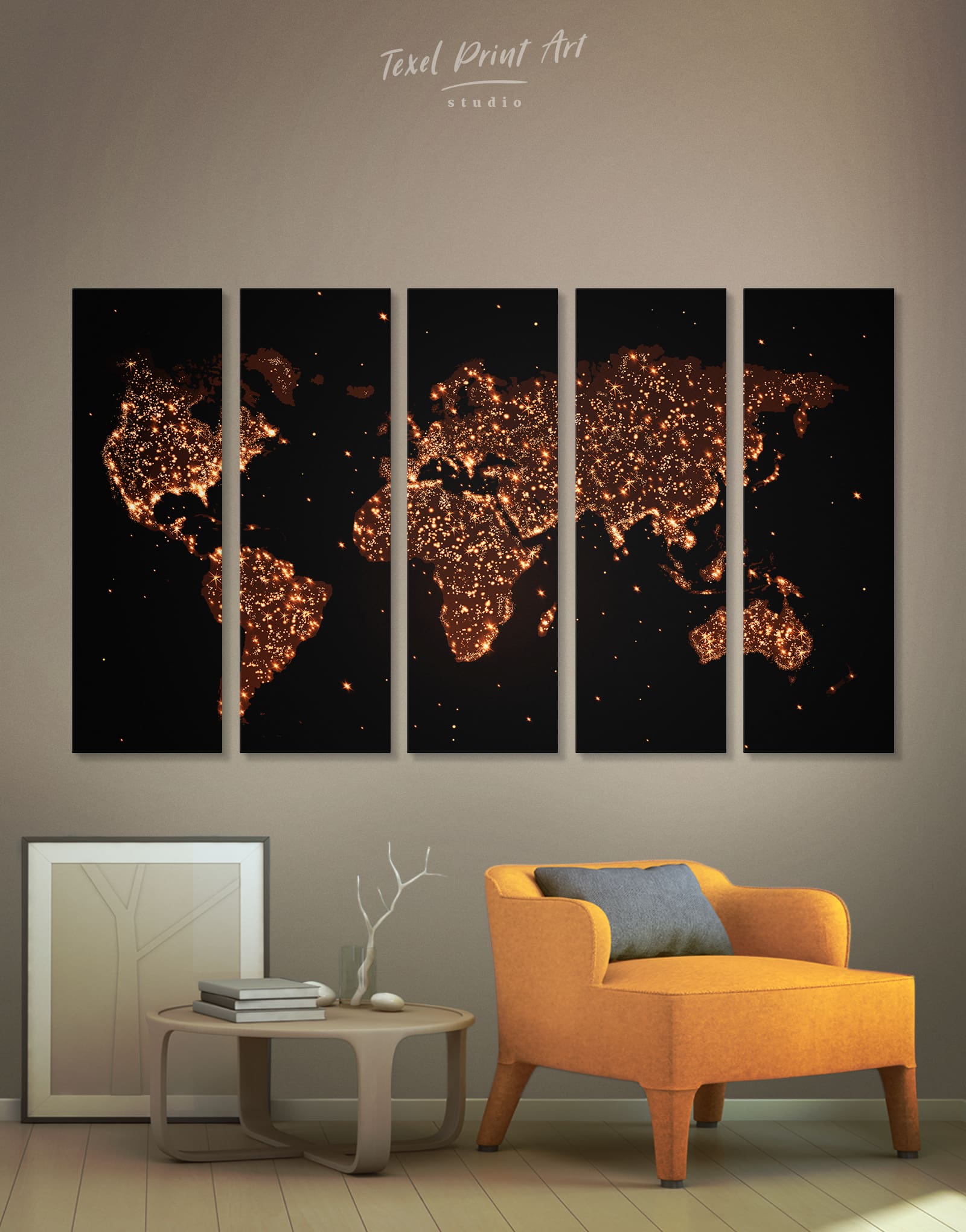 5 Pieces Abstract Gold World Map Wall Art Canvas Print At