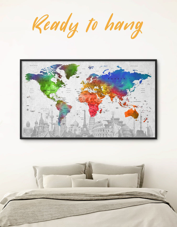 Framed Colorful World Map Wall Art Canvas At Texelprintart