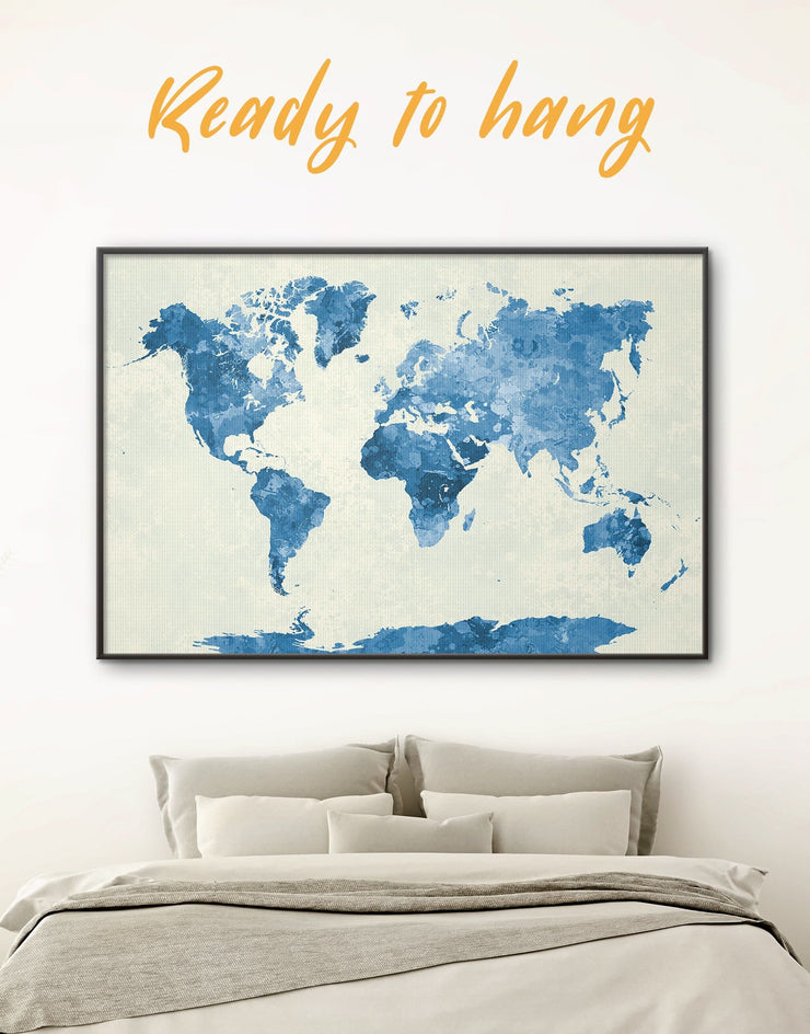 Framed Navy Blue World Map Wall Art Canvas At Texelprintart