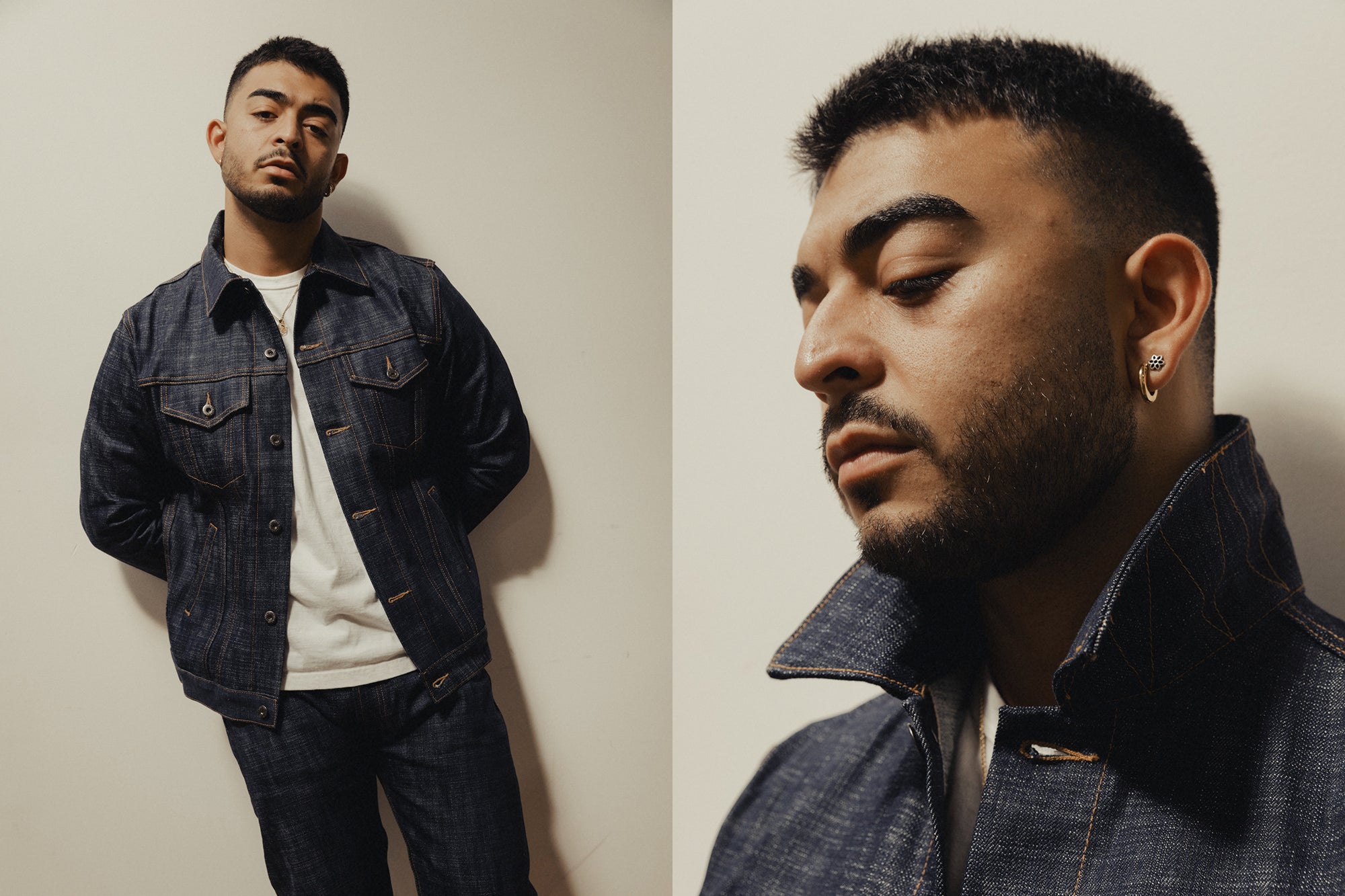A diptych of a man in a denim jacket against a beige wall.