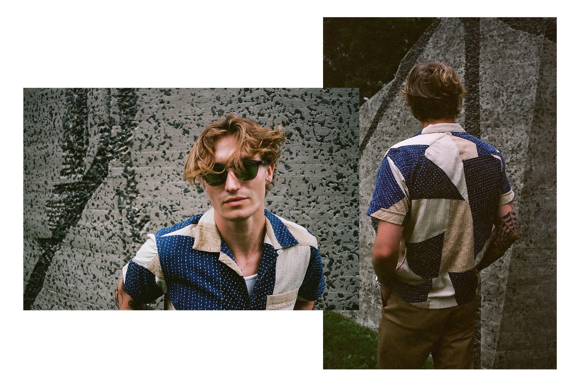 A diptych of a man in a blue and tan patchwork shirt.