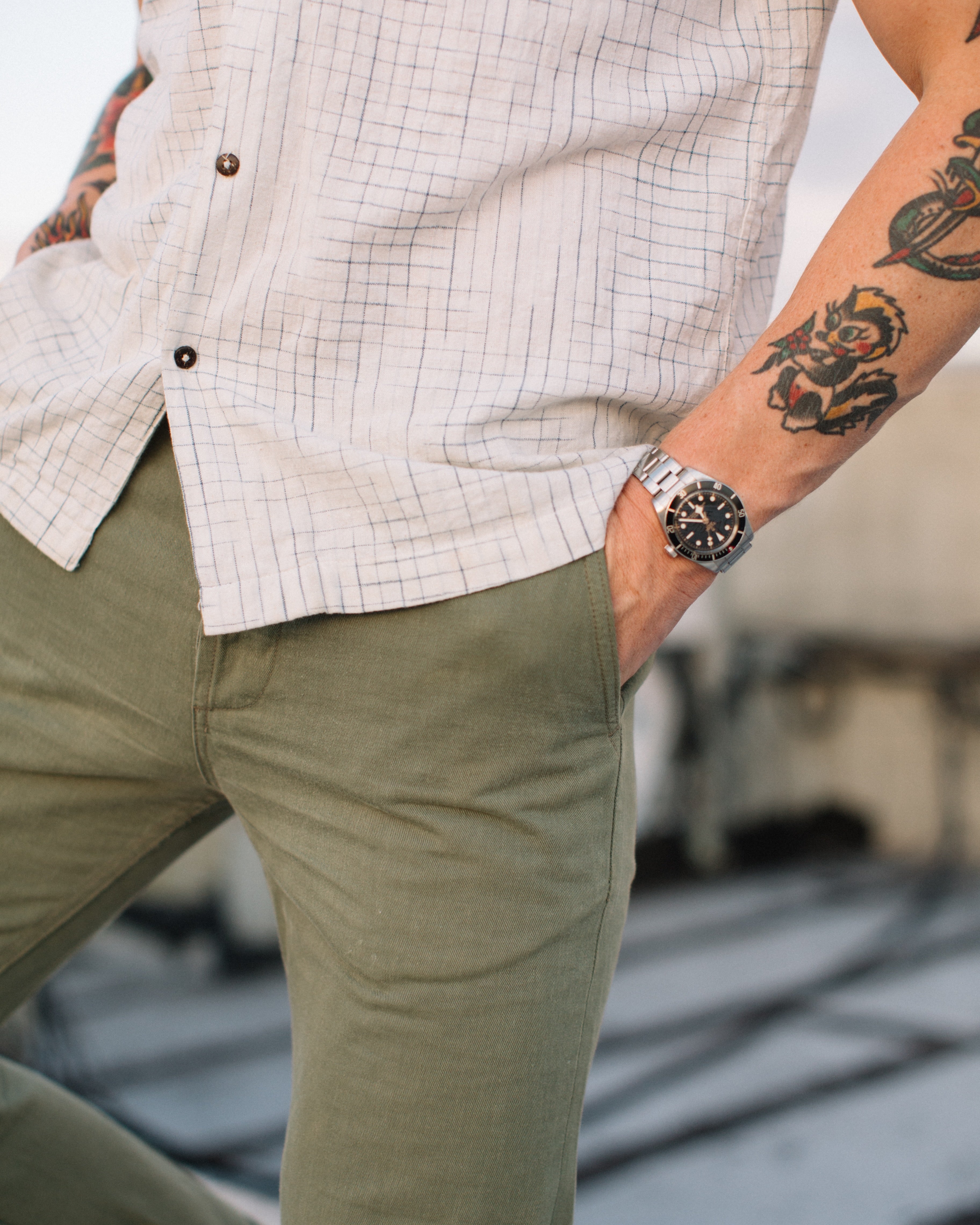 White shirt with olive chinos