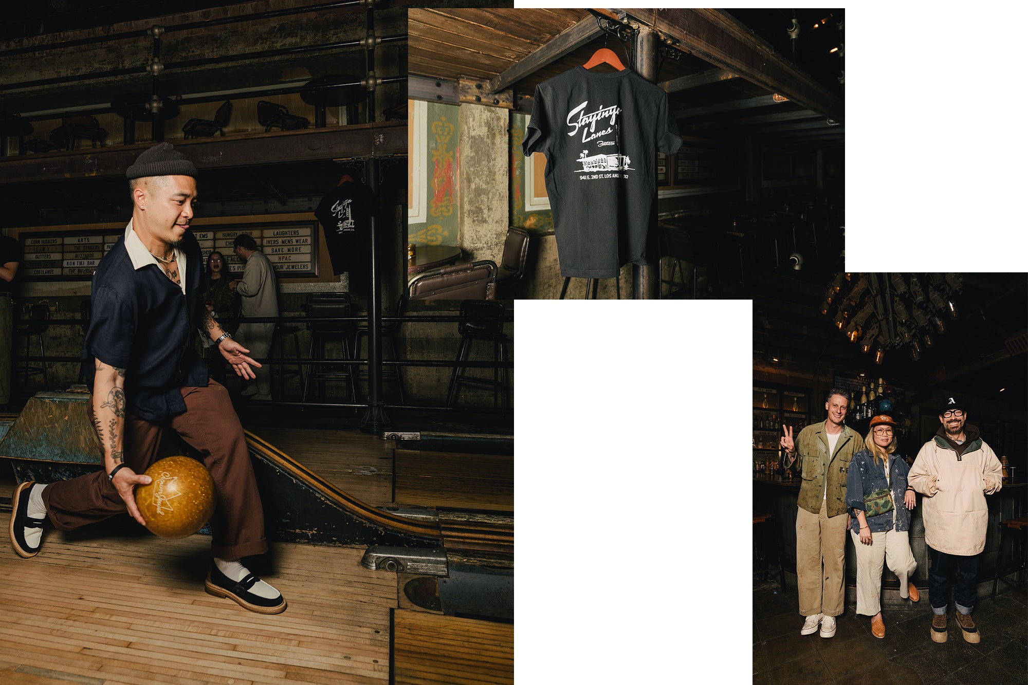 A triptych of a man bowling, a black tshirt, and a group of friends posing together for a photo.