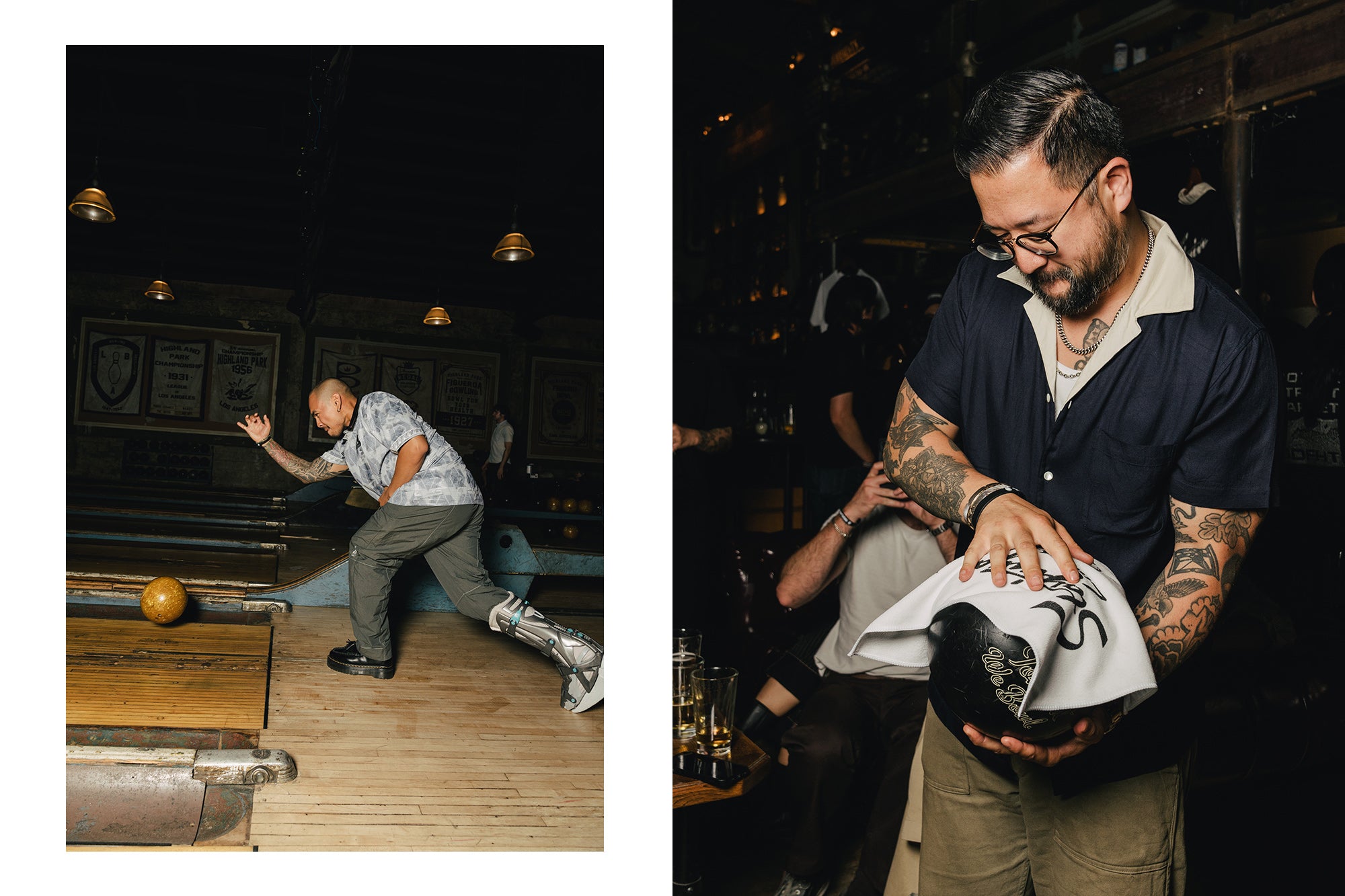 A diptych of a man in a walking boot throwing a bowling ball alongside someone cleaning a bowling ball with a towel.