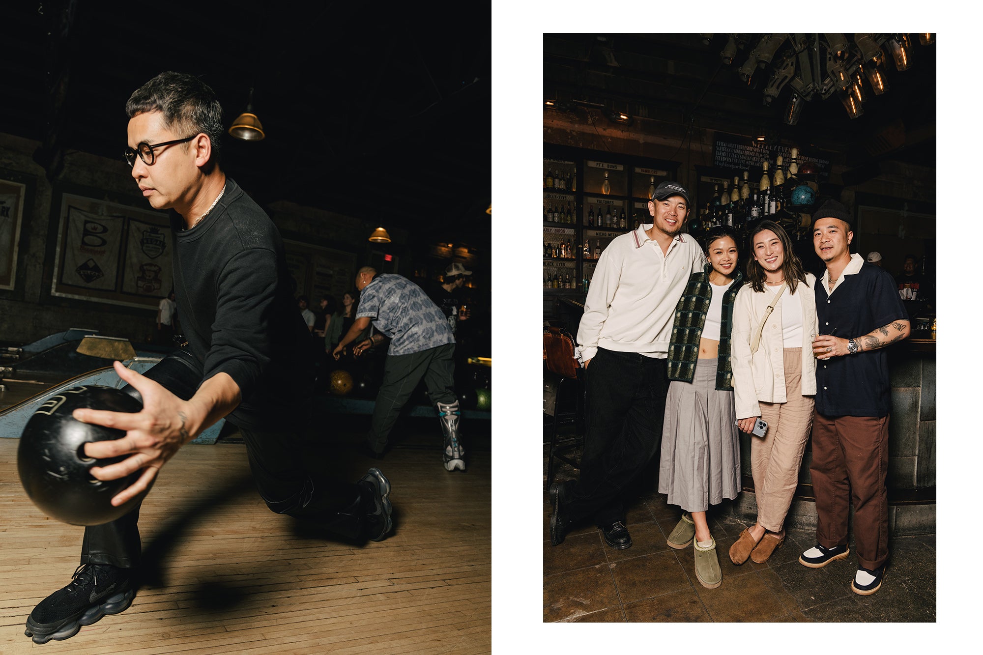 A diptych of a man bowling alongside four good looking people in a dark bowling alley.