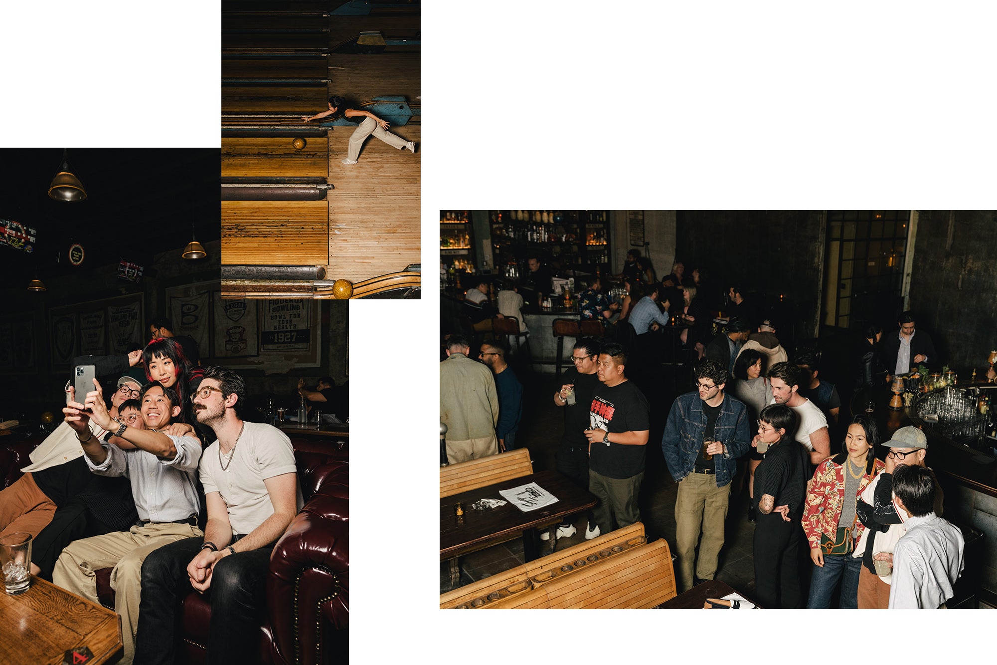 A triptych of people bowling and taking selfies on a chesterfield couch.