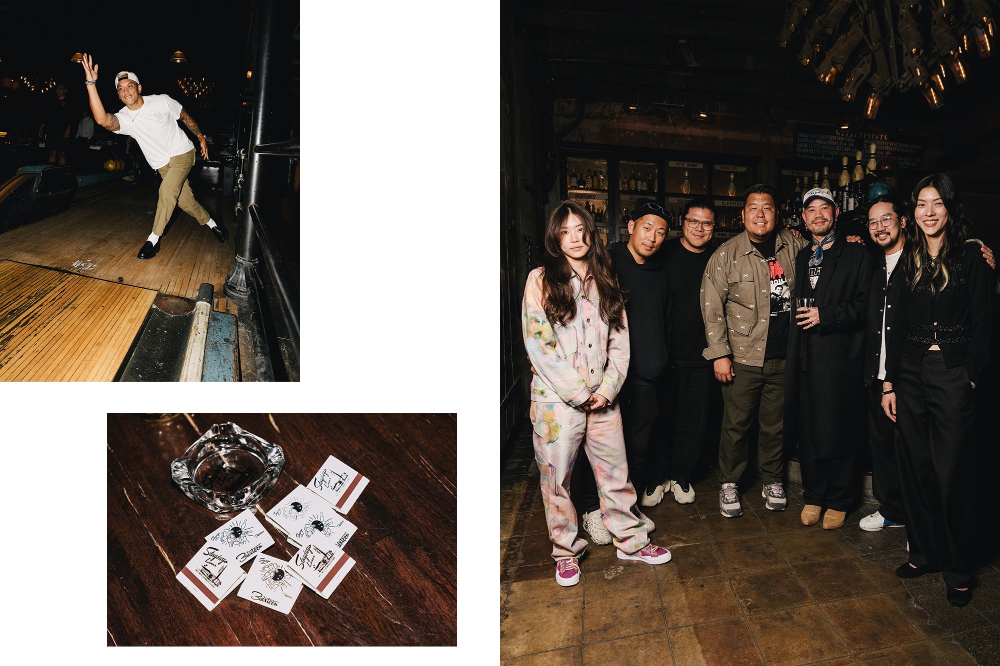 A triptych of a man bowling, some matchbooks on a table, and a group of well dressed friends in a bowling alley.