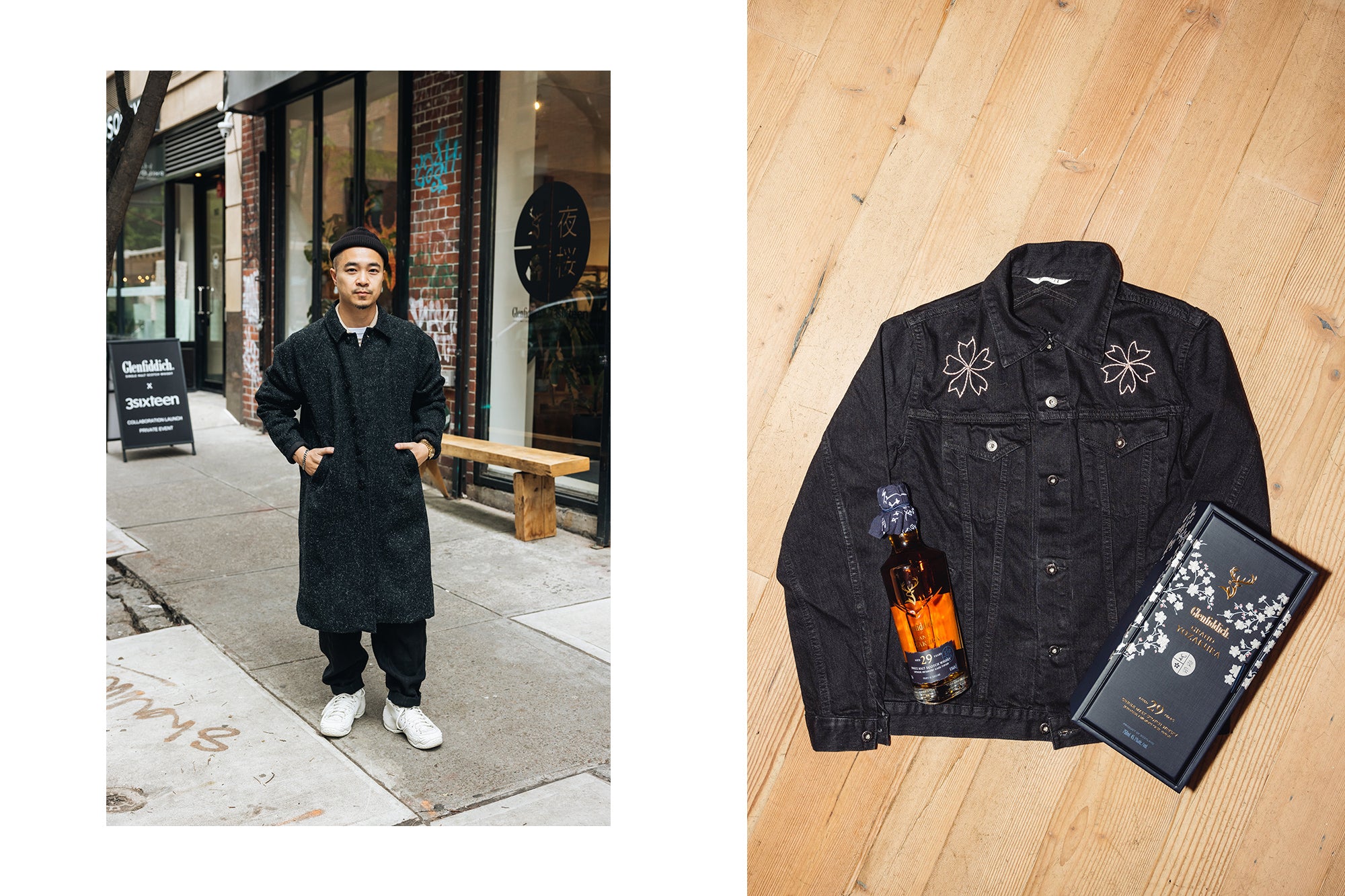 A man in a black coat stands on the street, next to a picture of a black denim jacket