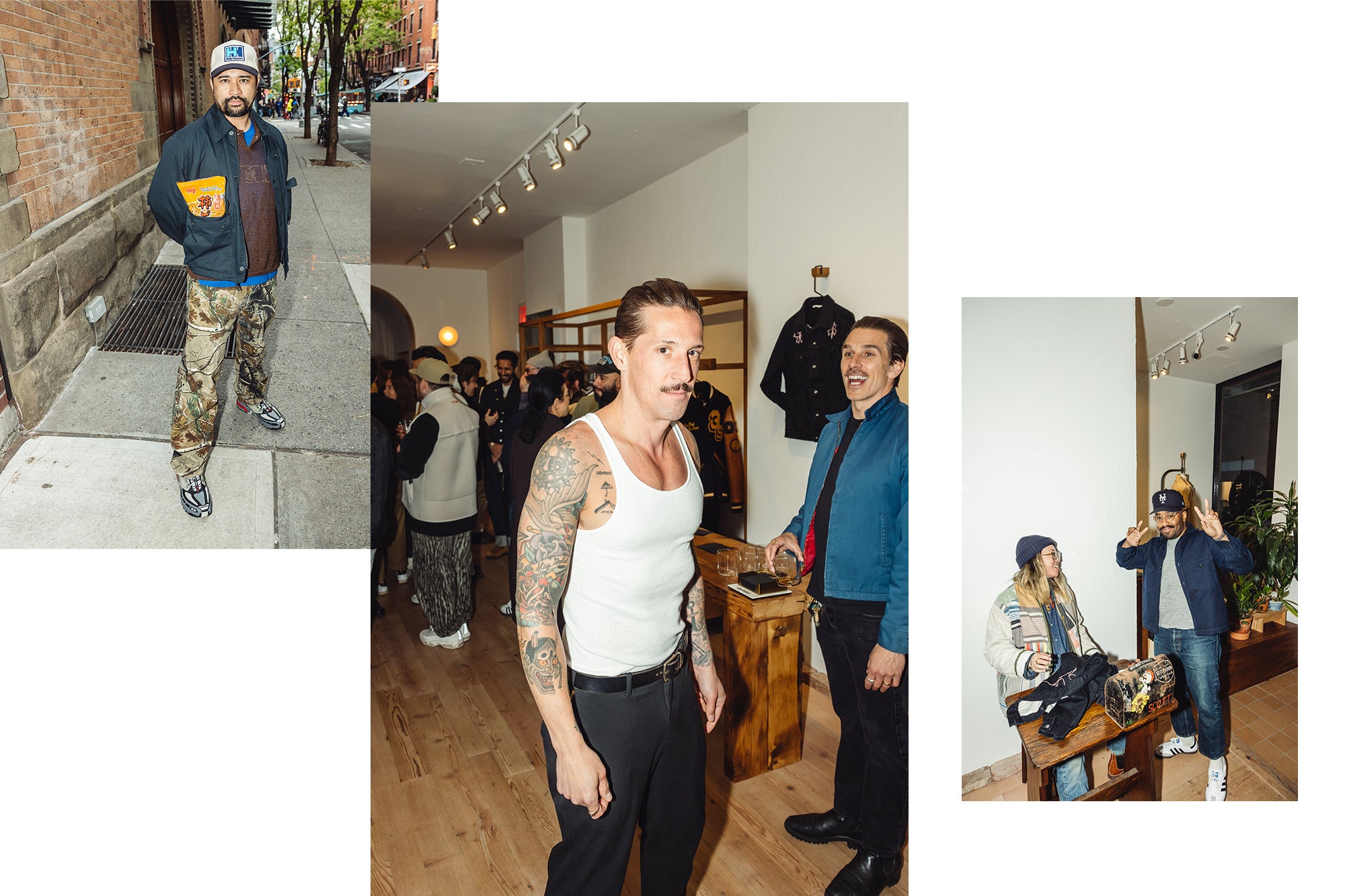 A triptych of handsome men in various states of dress and undress at a party.