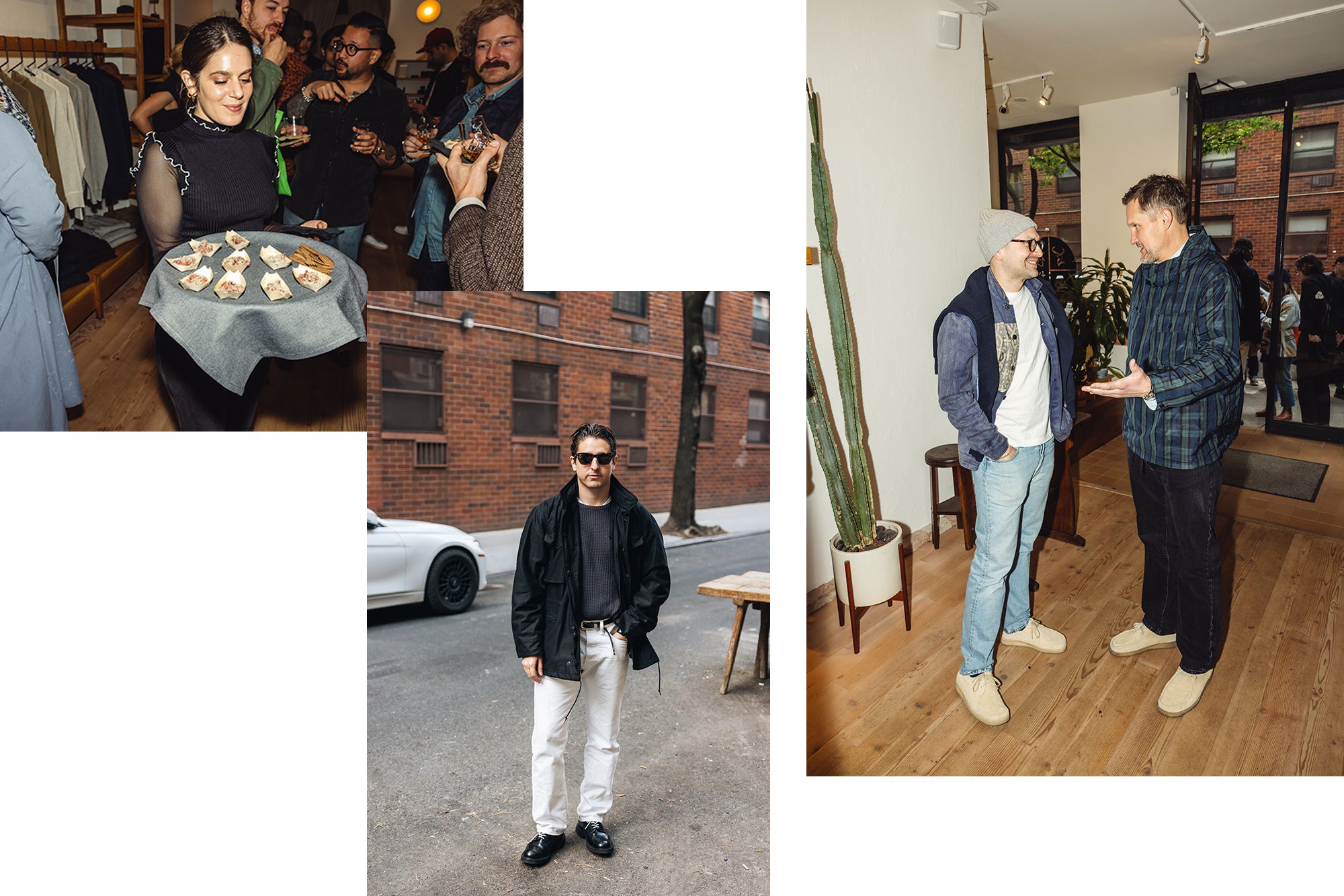 A triptych of appetizers benig passed out at an event alongside well dressed men talking