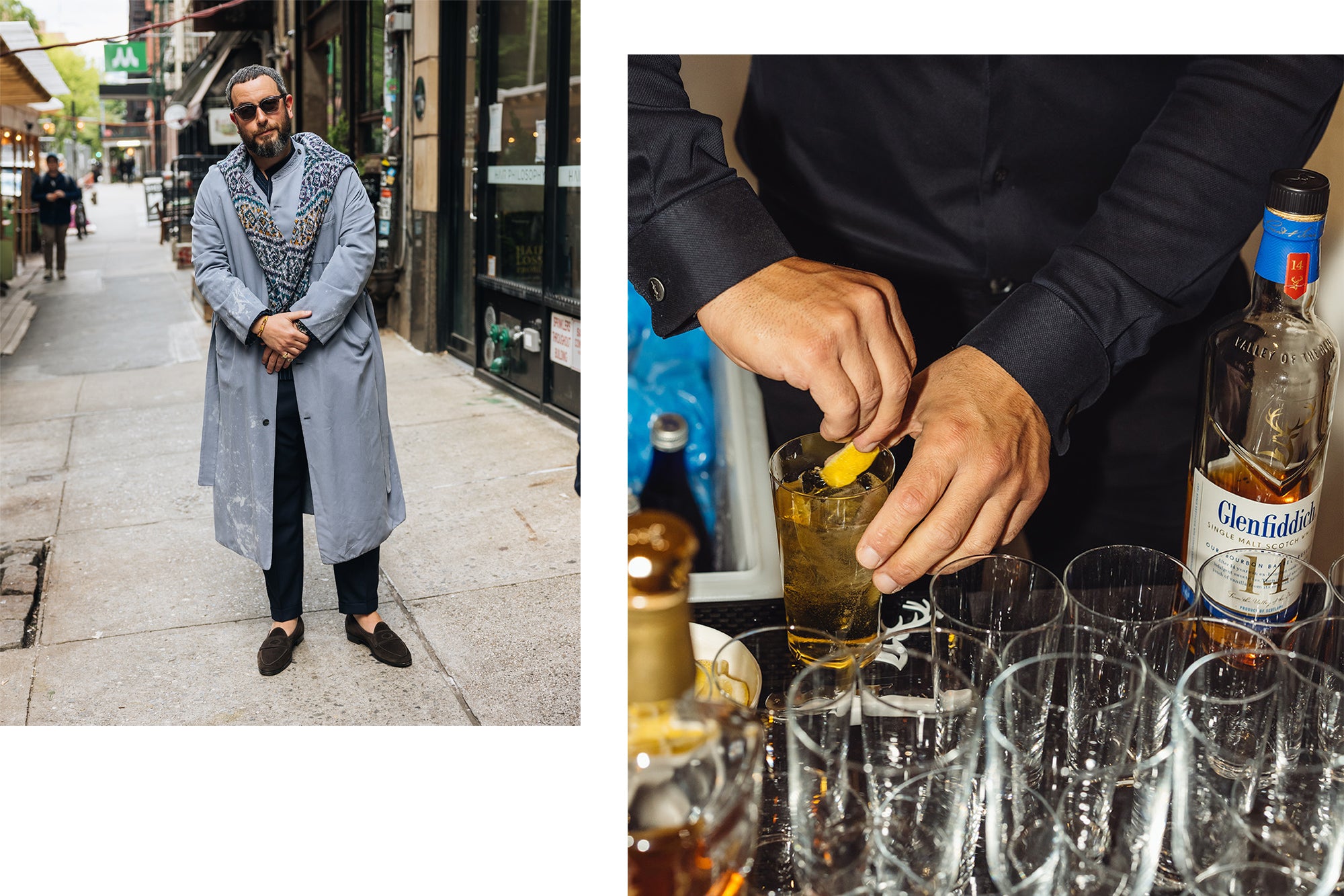 A man in a long blue coat stands on the street, next to a photo of someone pouring drinks