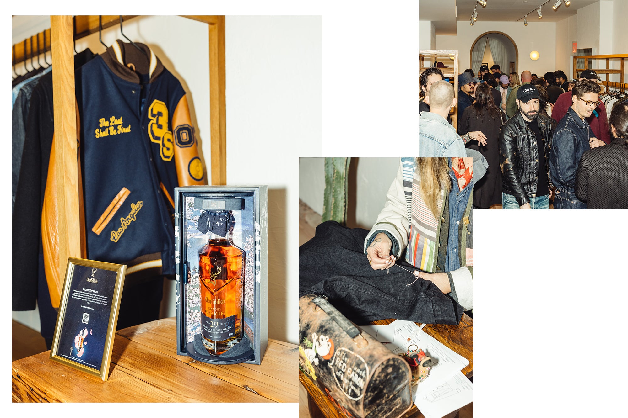 A triptych of whisky bottles and party attendees