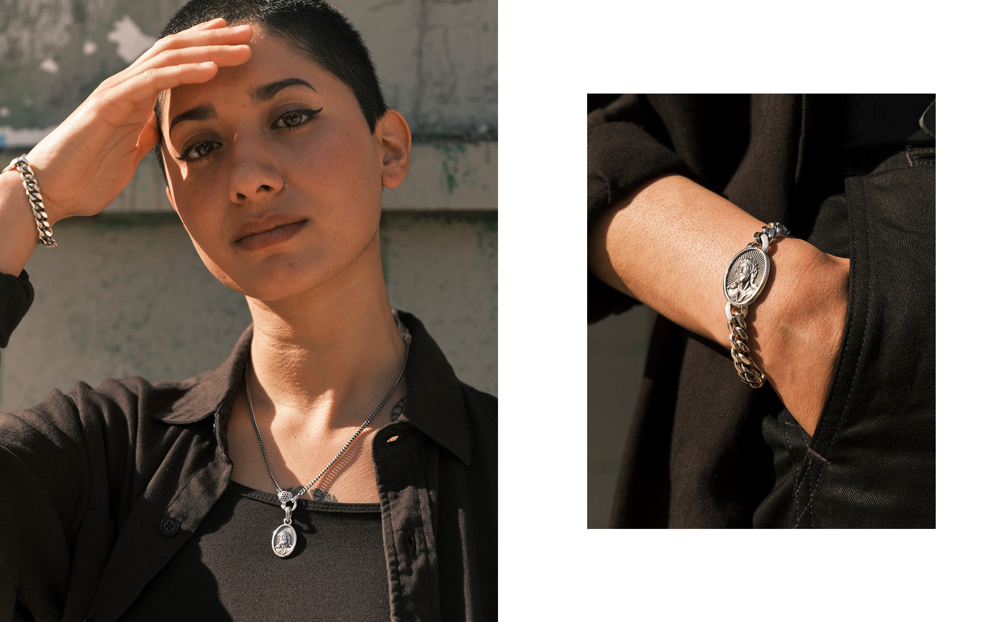 A diptych of a woman wearing a silver chain and bracelet with a Jesus head on it.