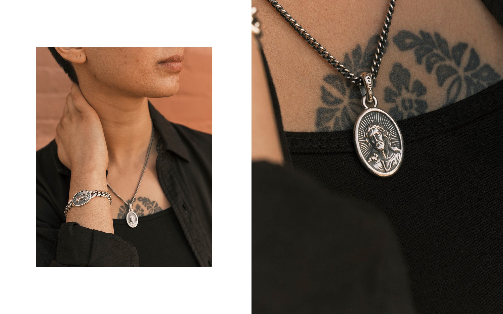 A diptych of a woman wearing a silver chain with a Jesus pendant on it.