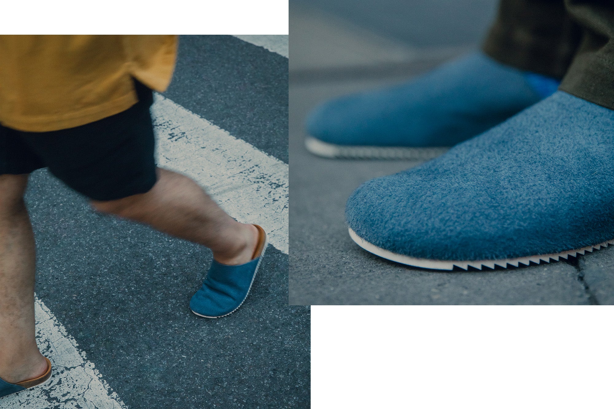 A diptych of blue slippers on feet close up