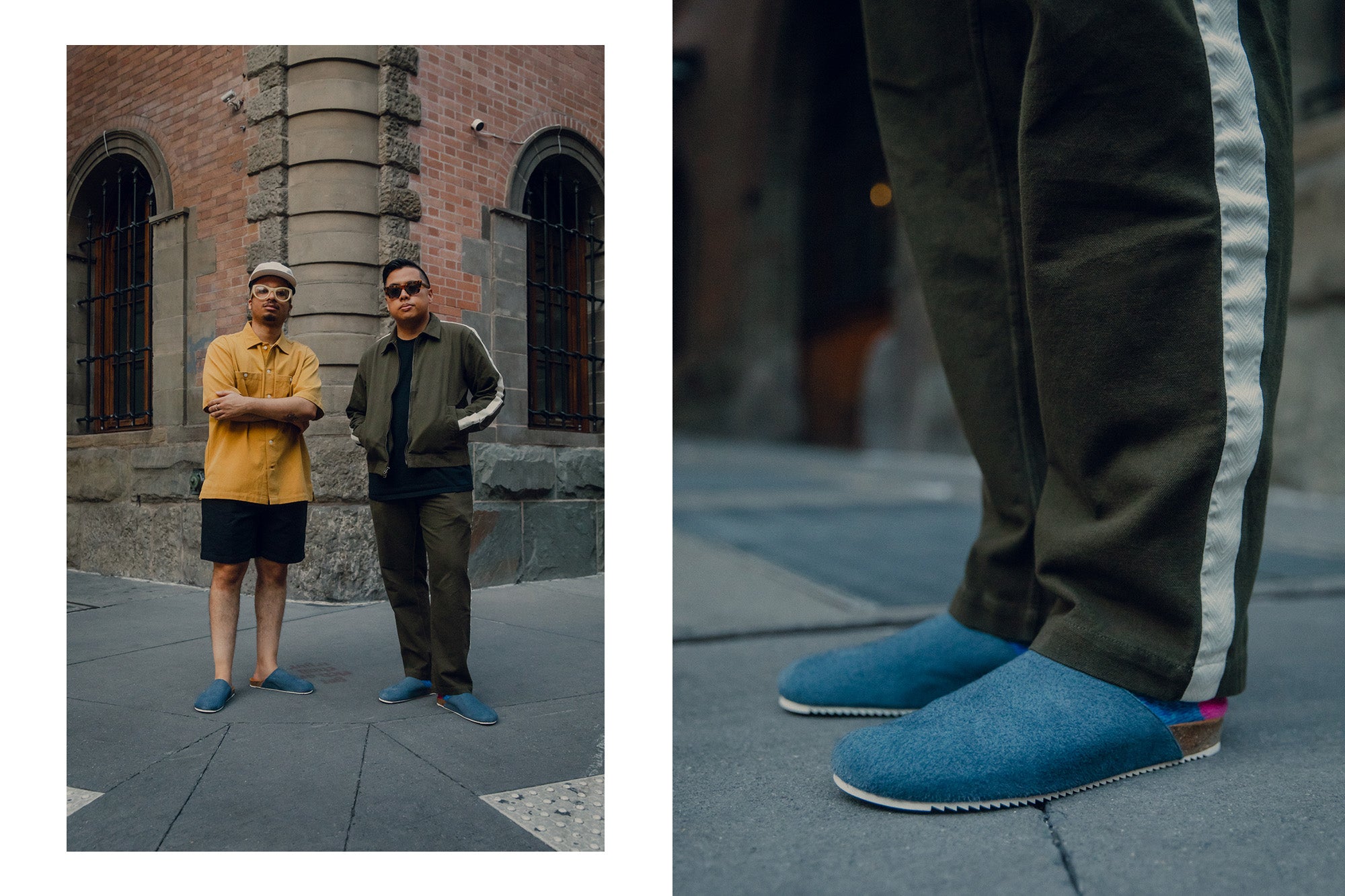 A diptych of two men in blue slippers next to a shot of the slippers on feet with olive pants.