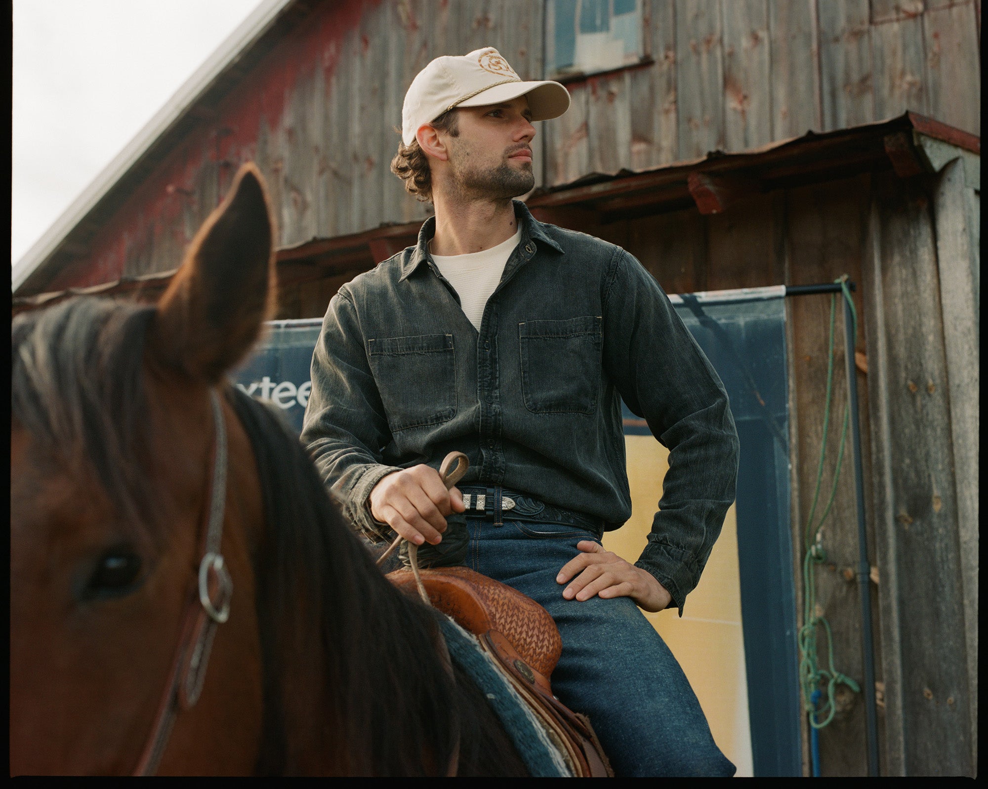 A man in blue jeans sits on a horse gazing off into the sunset.