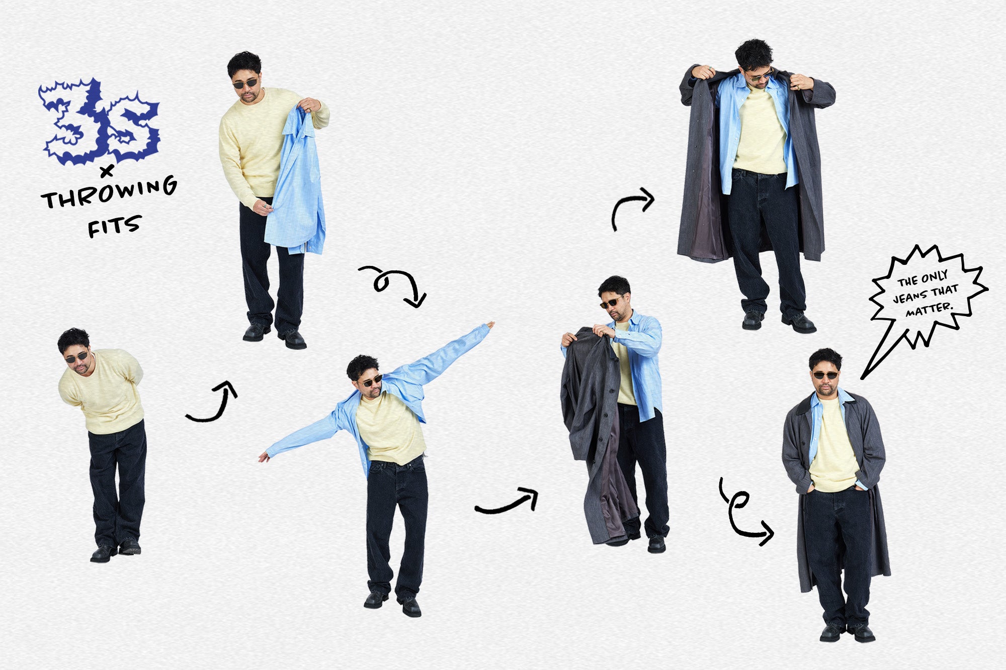 A layout of a man getting his photo taken while getting dressed in a yellow sweater and black jeans.
