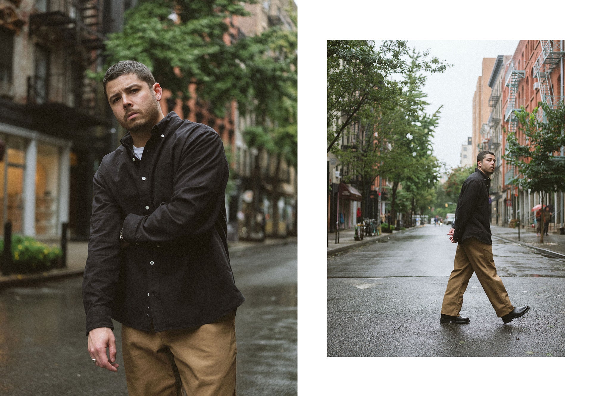 A diptych of a man in a black oxford shirt and tan pants standing on a rainy street.