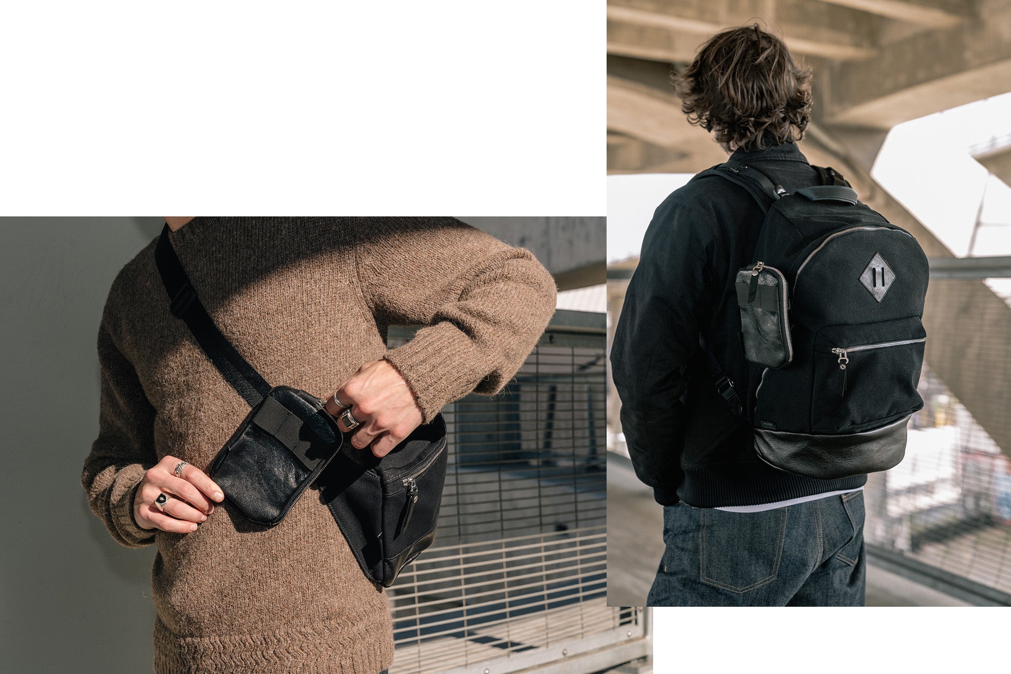 A diptych of a man in a tan sweater opening up a black sling bag, and a man wearing a black backpack.