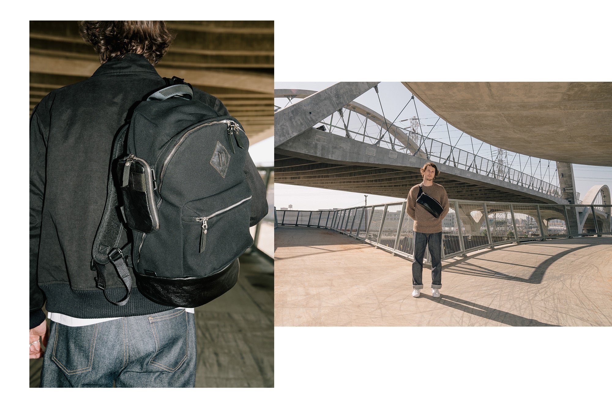 A diptych of a man using a black backpack and a man in a sweater standing on a concrete bridge with a black sling bag.