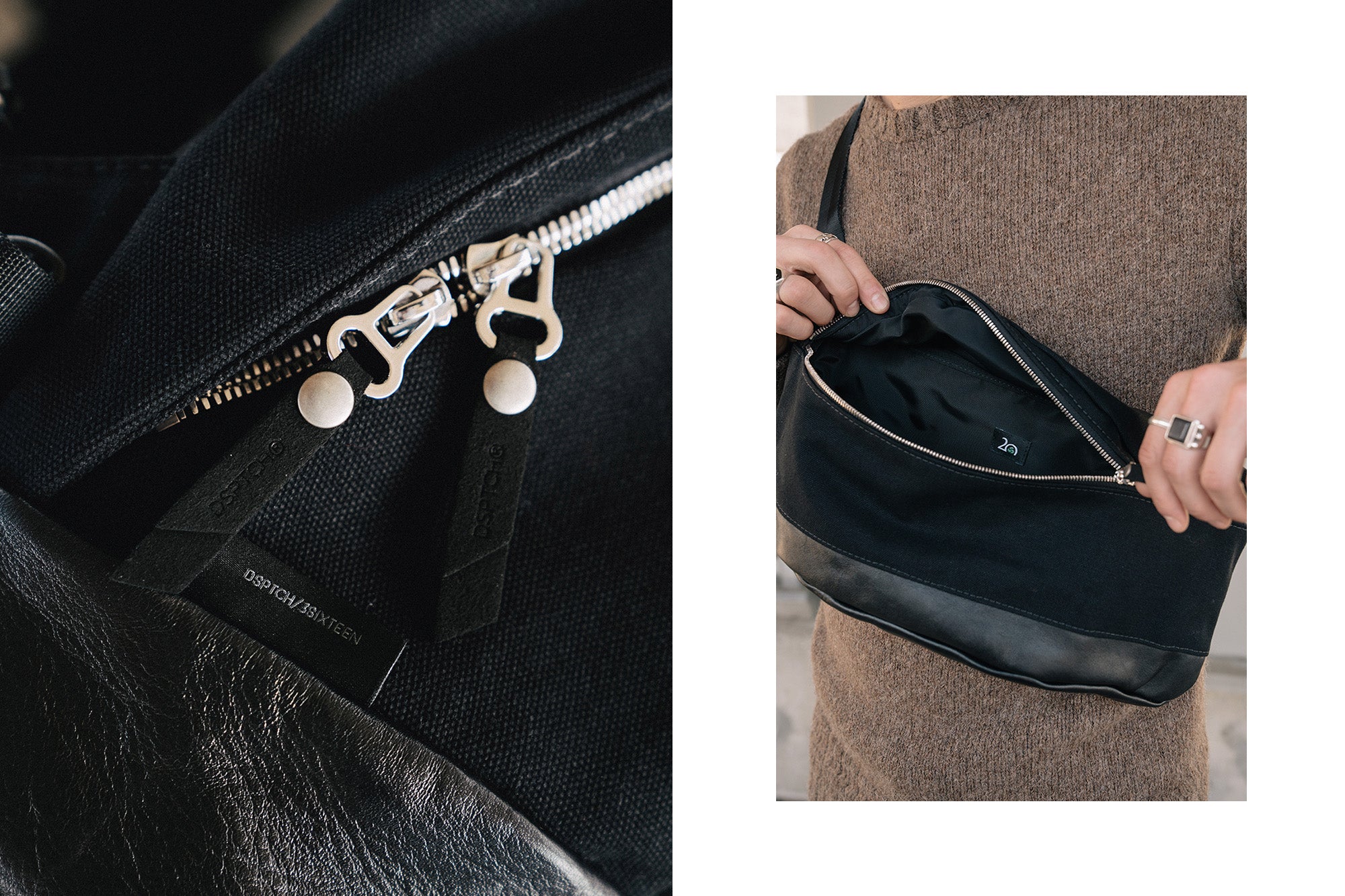 A diptych of shiny nickel hardware and a man unzipping a bag.