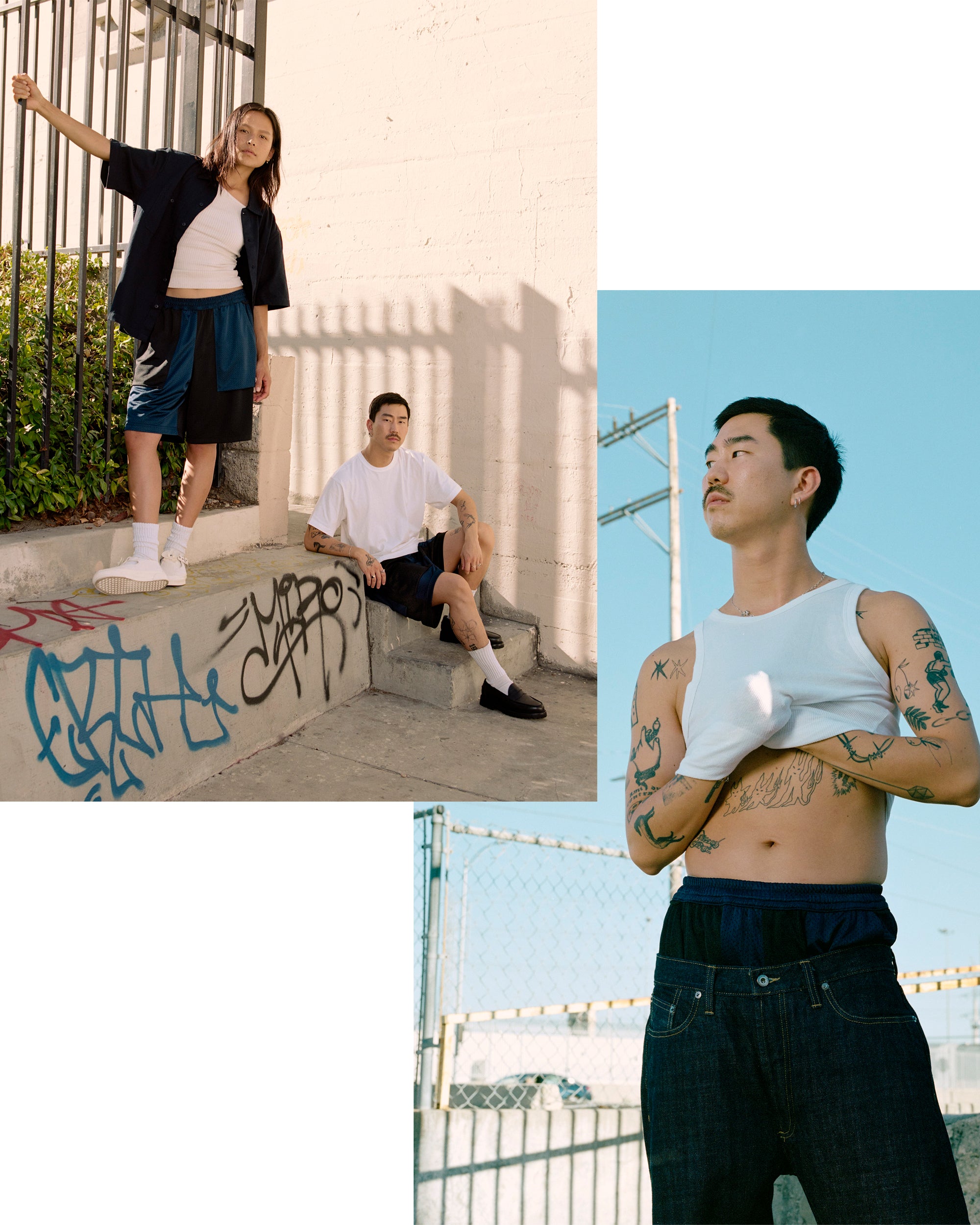 A diptych of a man and a woman in black and navy panelled mesh shorts.