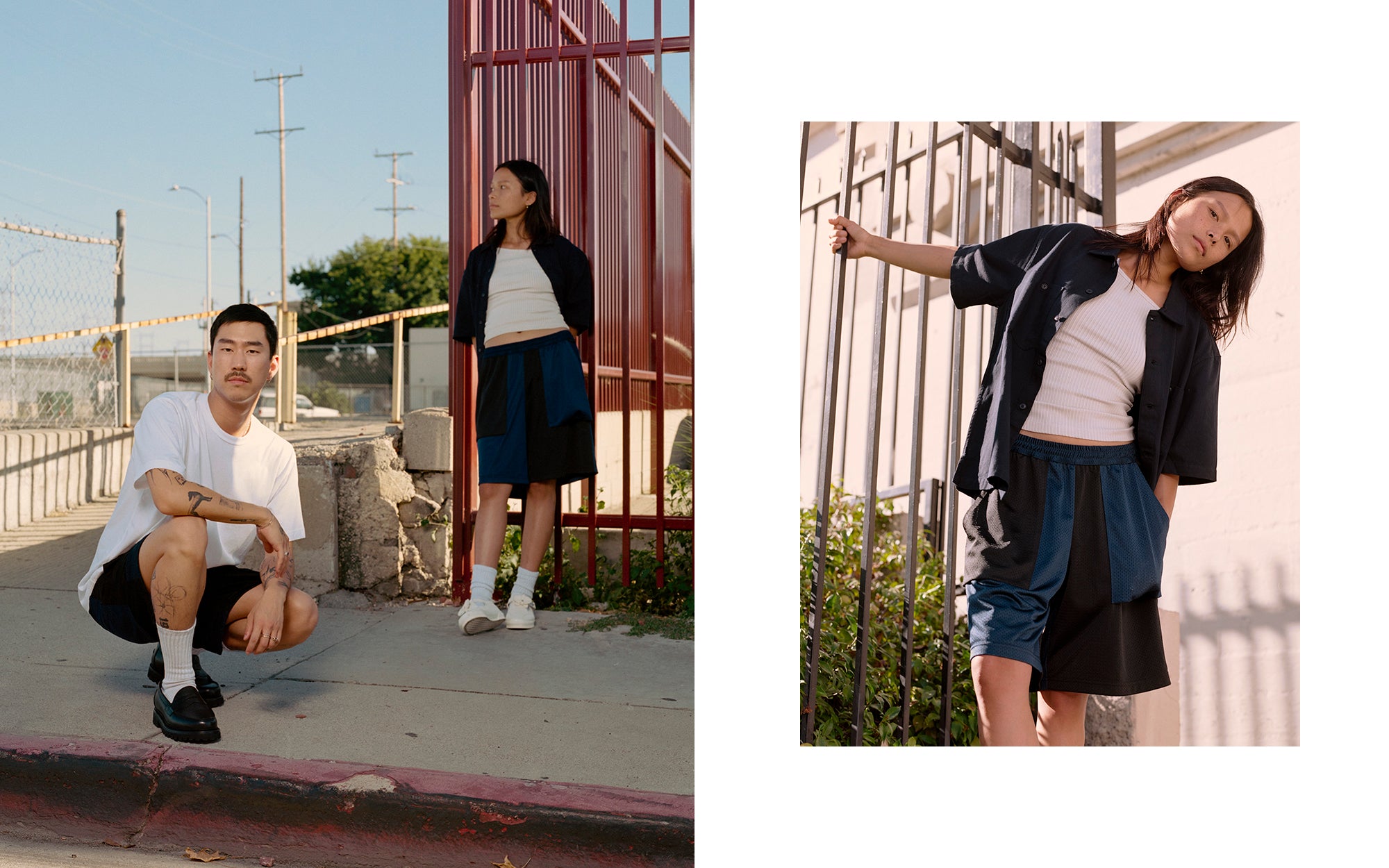 A diptych of a man and a woman in black and navy panelled mesh shorts.
