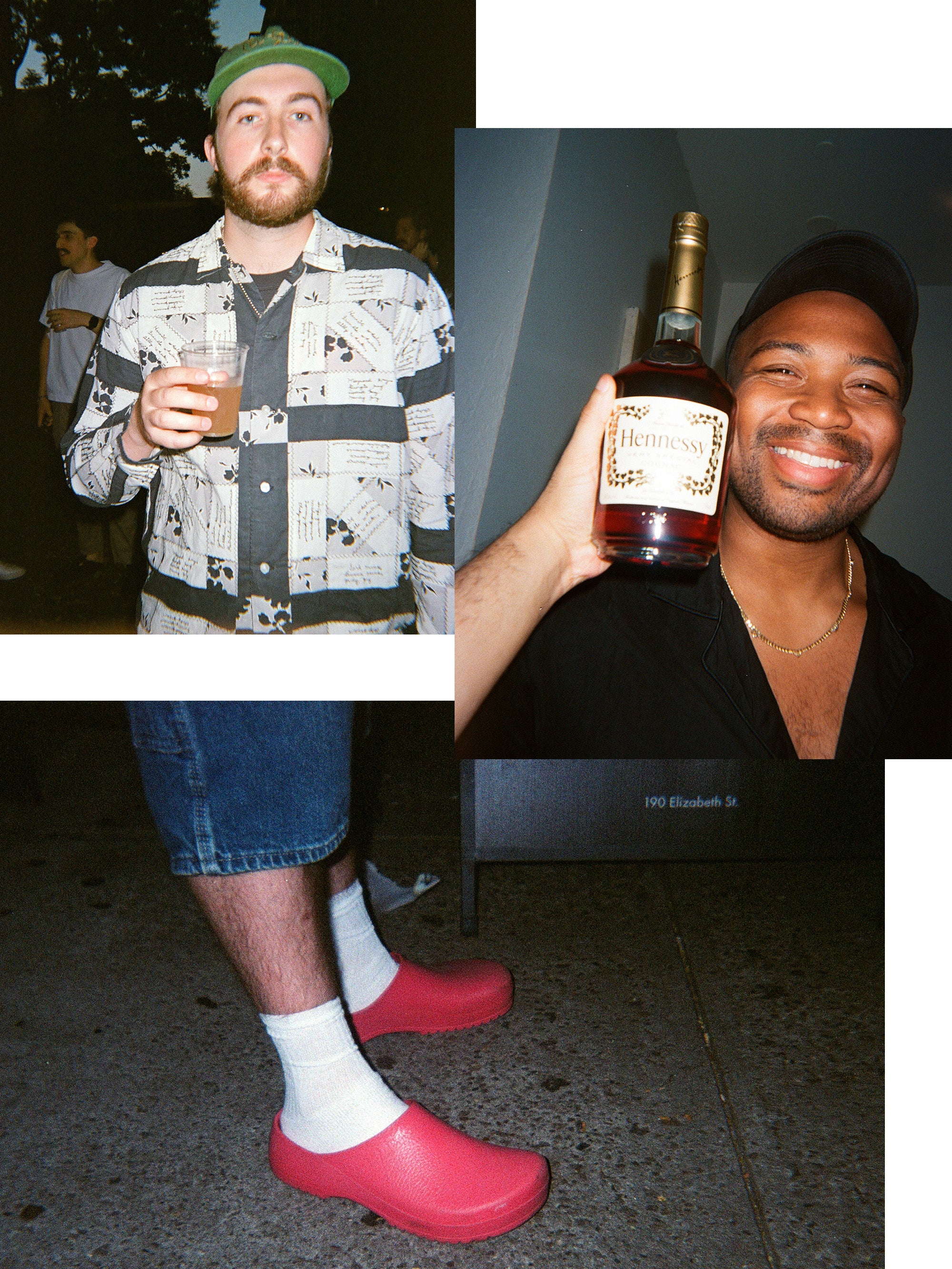 Three images of men holding drinks, and someone sawing the back of a sneaker off.