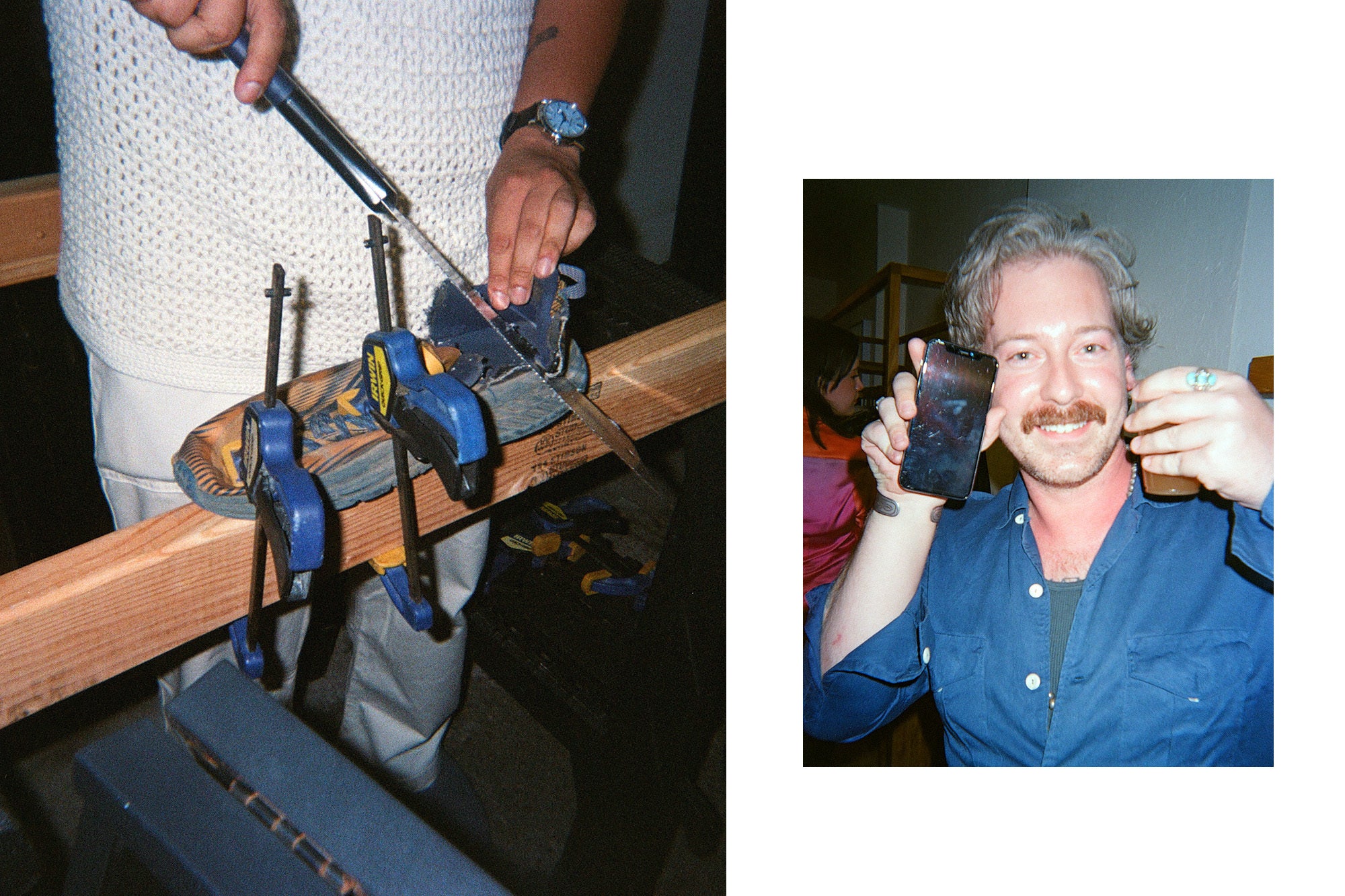 A diptych of a man holding a bottle of alcohol and some blue suede mules.