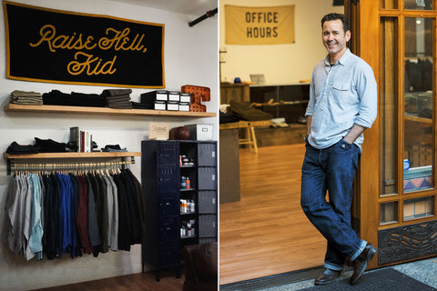 The left image shows another felt banner stating "Raise Hell, Kid" while the right photo shows owner James Fucillo standing in his shop doorway smiling.