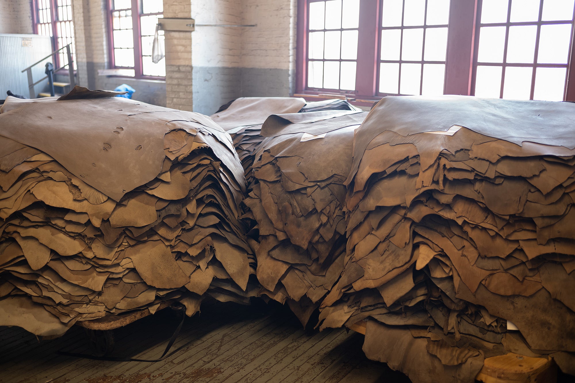 Piles of untanned horsehide at Horween Leather tannery.
