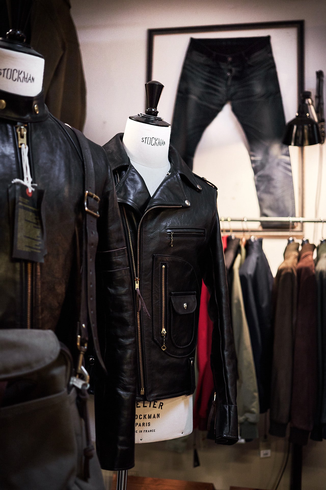 A leather jacket on a Stockman mannequin.