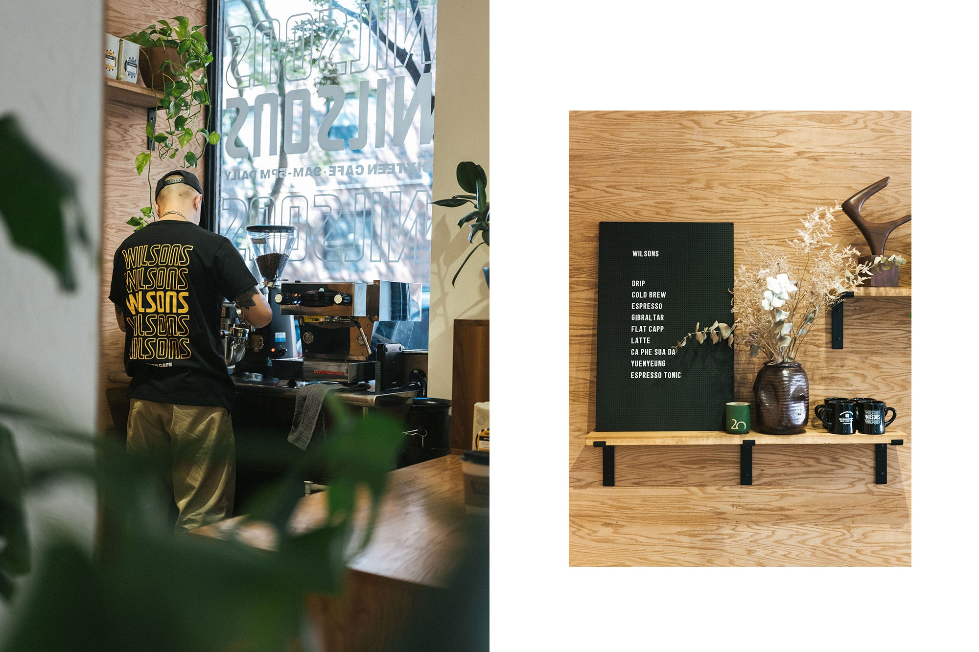 A diptych of a small coffee setup in a front window.