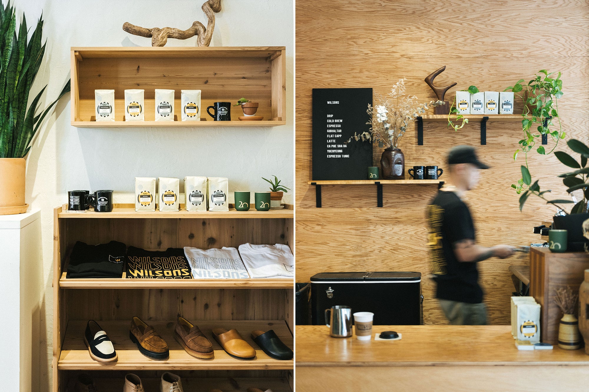 a diptych of a coffee display shrouded in wood.
