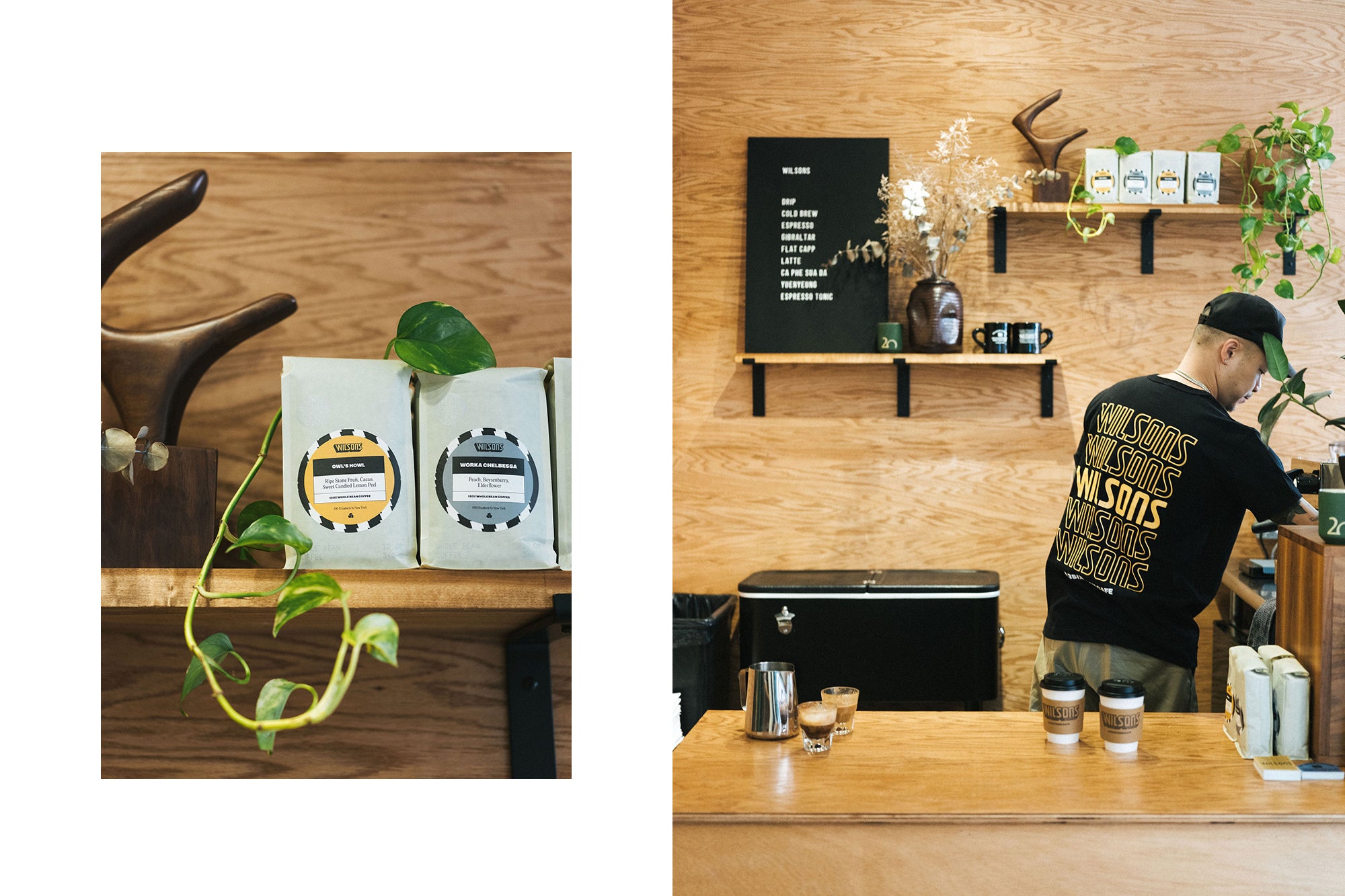 A diptych of a coffee setup in a wooden enclosed space.